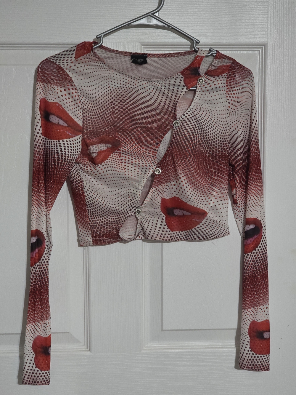 Blanc Clothing Y2K Mesh Red Lips Cutout Rhinestone Crop Top Size M